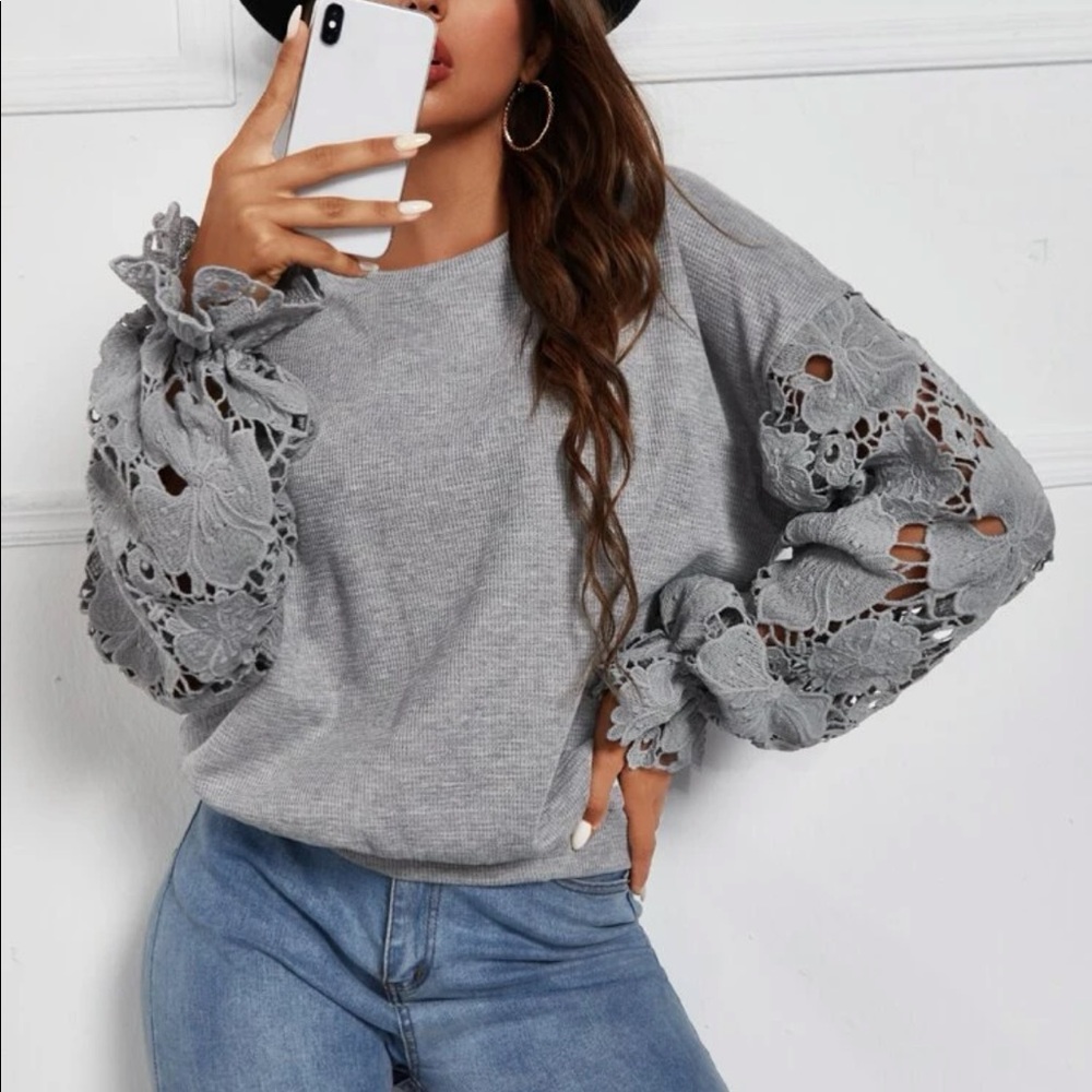Boho Floral Sheer Lace Long Sleeve Drop Shoulder Top Blouse - Picture 1 of 5